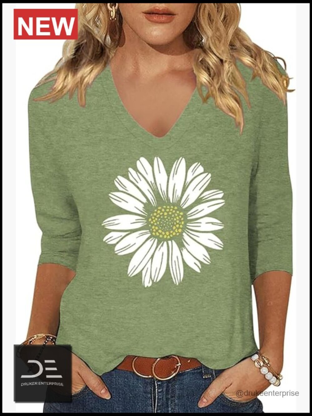 Boho Floral Printed 3/4 Sleeve V-Neck T-Shirt Graphic Tee Casual Summer Tops